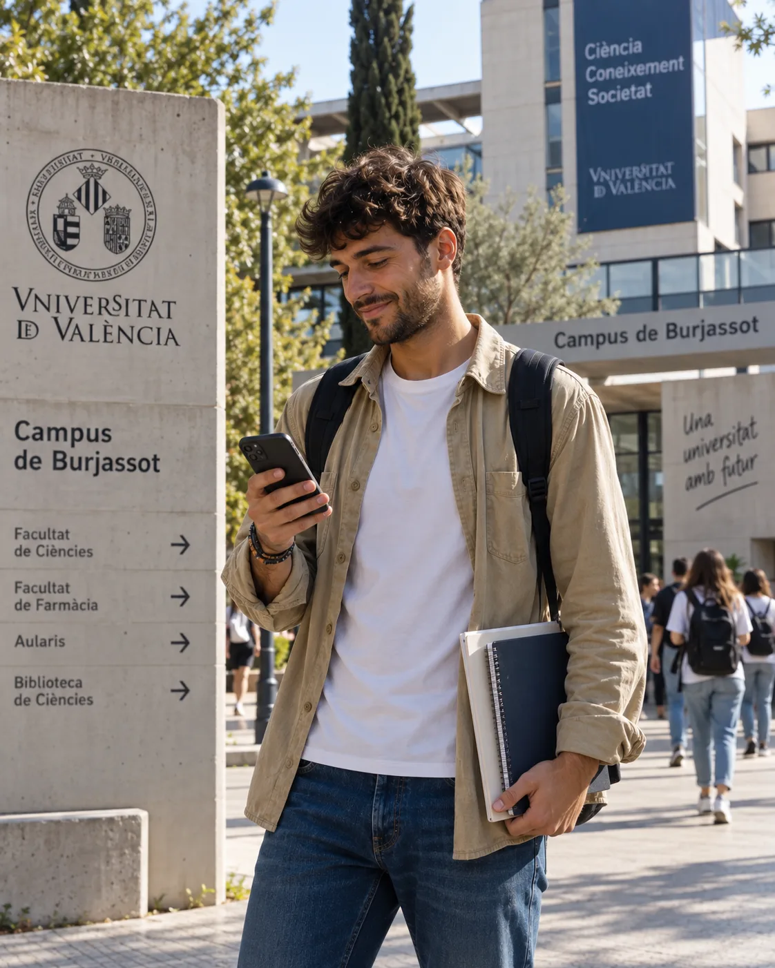 Estudiante en la entrada del Campus de Burjassot de la Universitat de València
