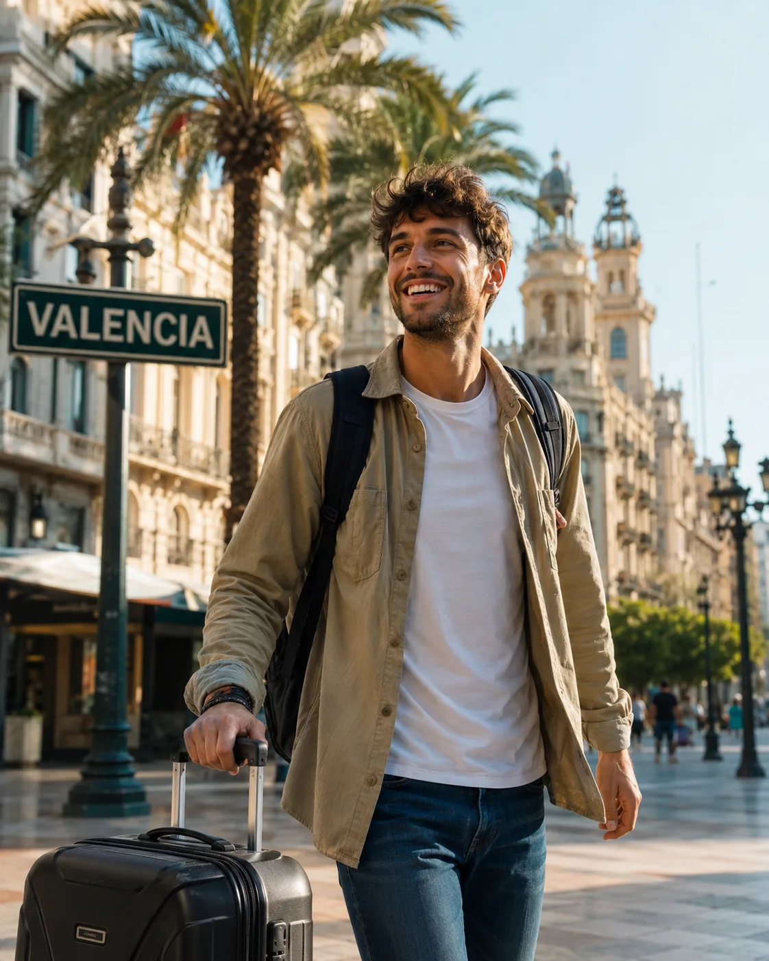 Persona recién llegada a Valencia con su maleta